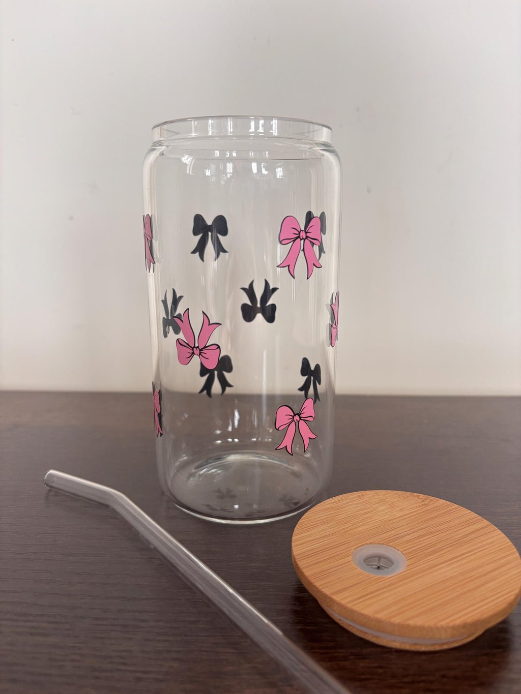 Bow 16oz Glass or Plastic Tumbler with Lid and Straw – Customizable Color | Cute Gift