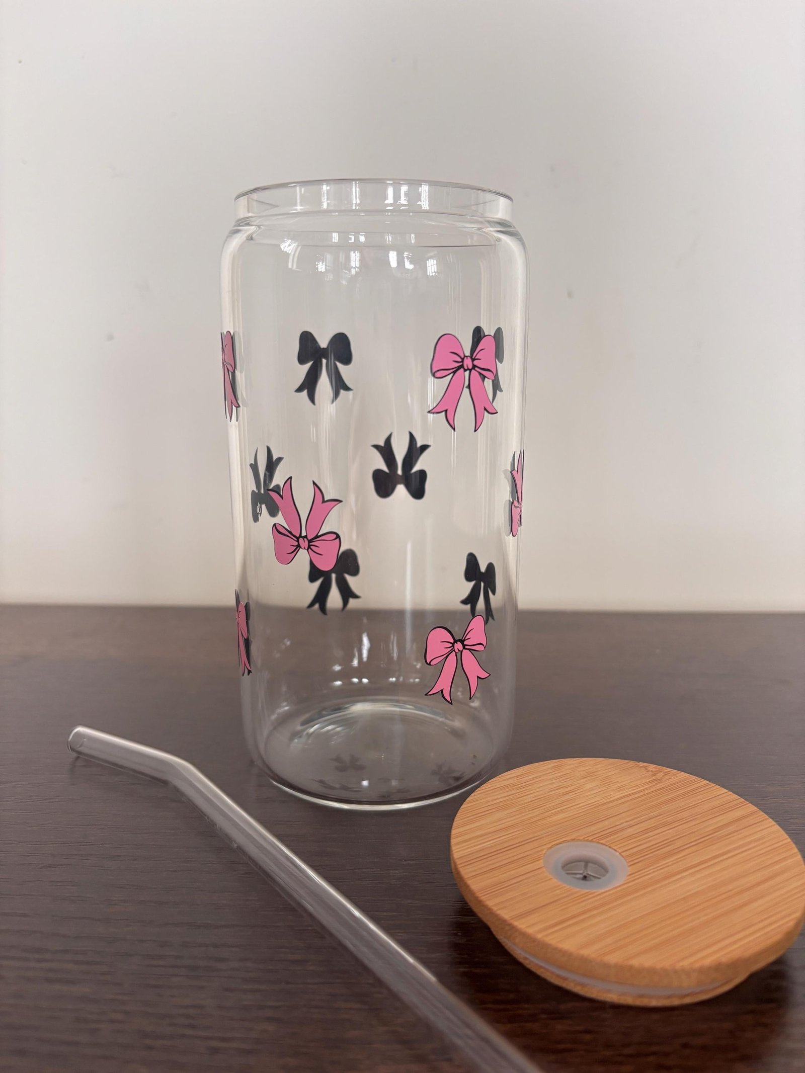 Bow 16oz Glass or Plastic Tumbler with Lid and Straw – Customizable Color | Cute Gift