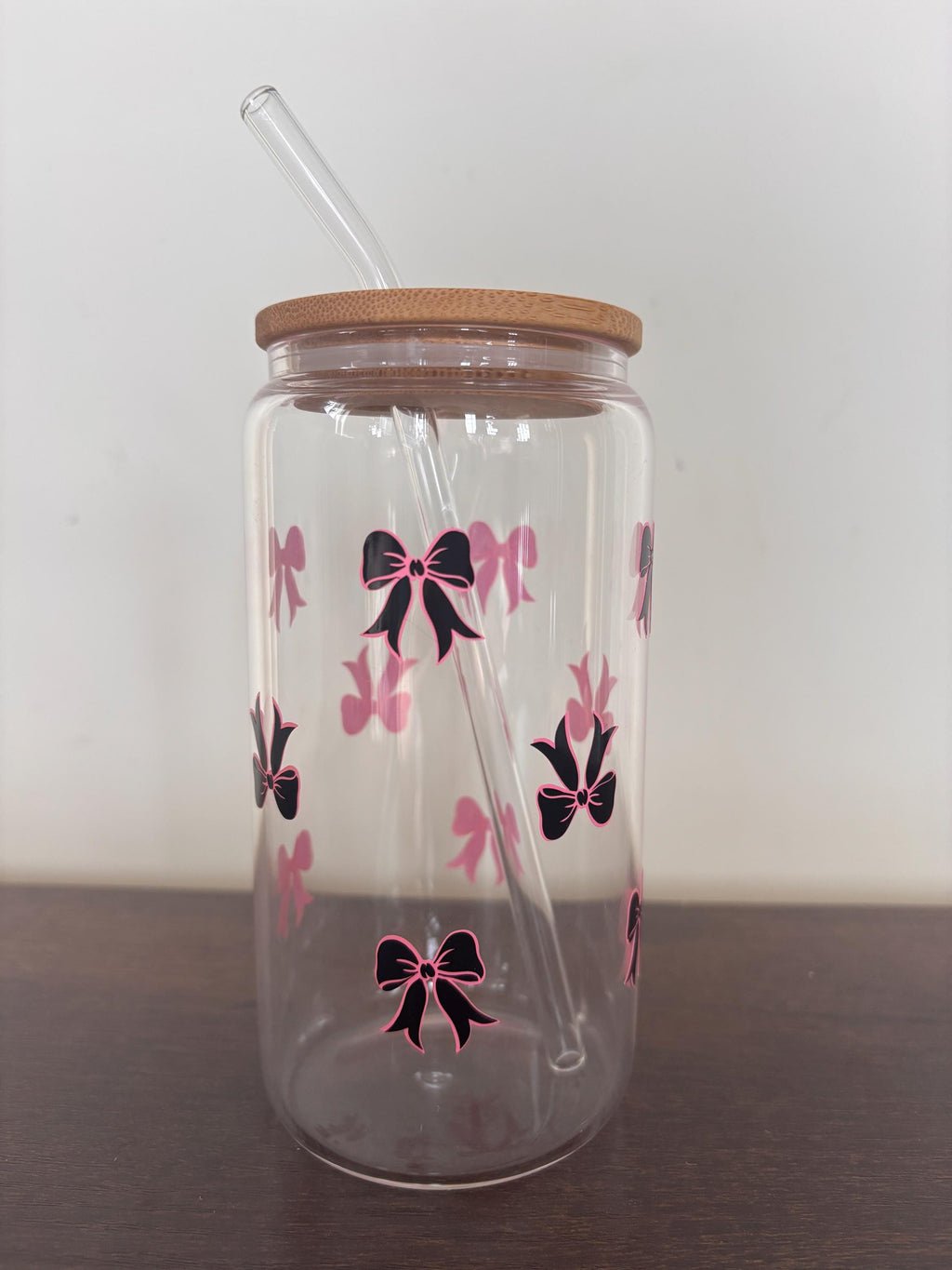 Bow 16oz Glass or Plastic Tumbler with Lid and Straw – Customizable Color | Cute Gift