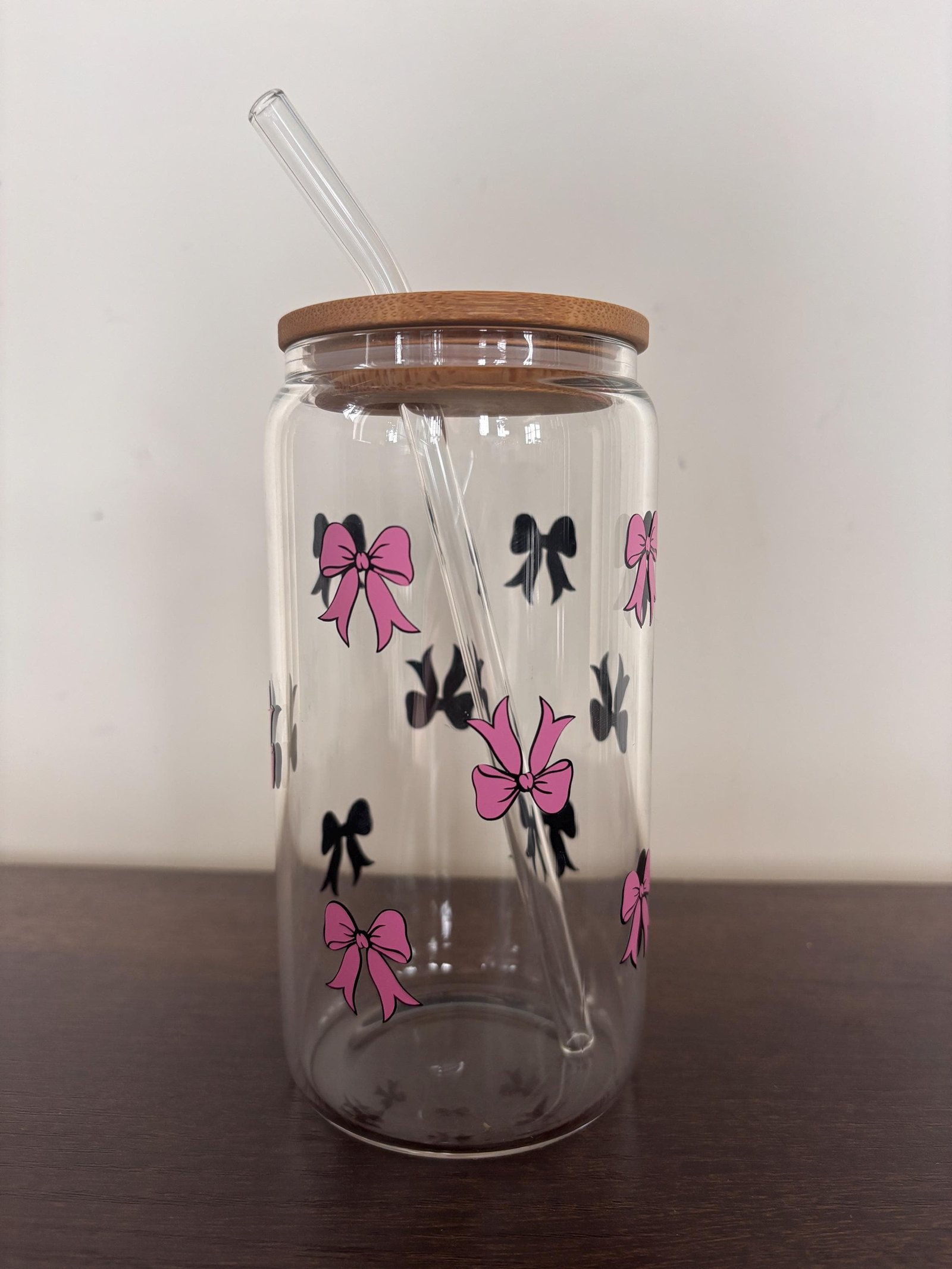 Bow 16oz Glass or Plastic Tumbler with Lid and Straw – Customizable Color | Cute Gift