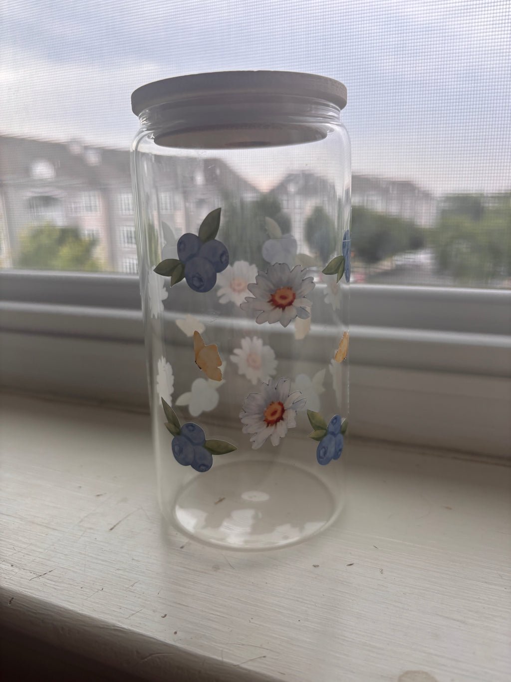 Blueberry and flowery glass/plastic 16oz cup