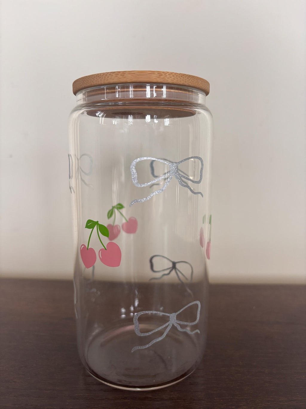 Cherry & Glitter Bows 16oz Glass or Plastic Tumbler with Lid and Straw – Cute Gift