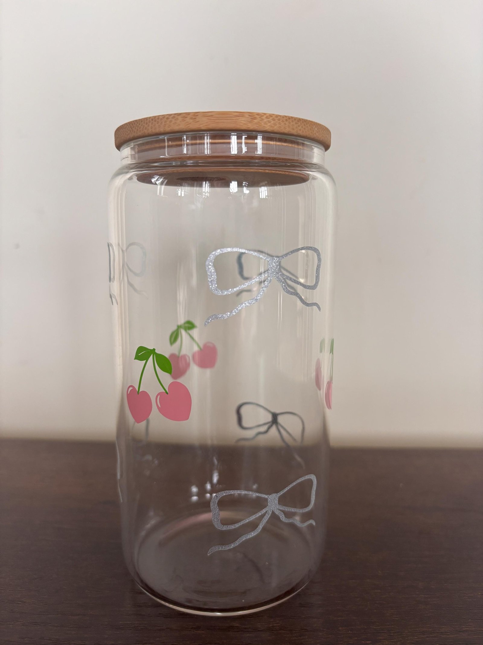 Cherry & Glitter Bows 16oz Glass or Plastic Tumbler with Lid and Straw – Cute Gift