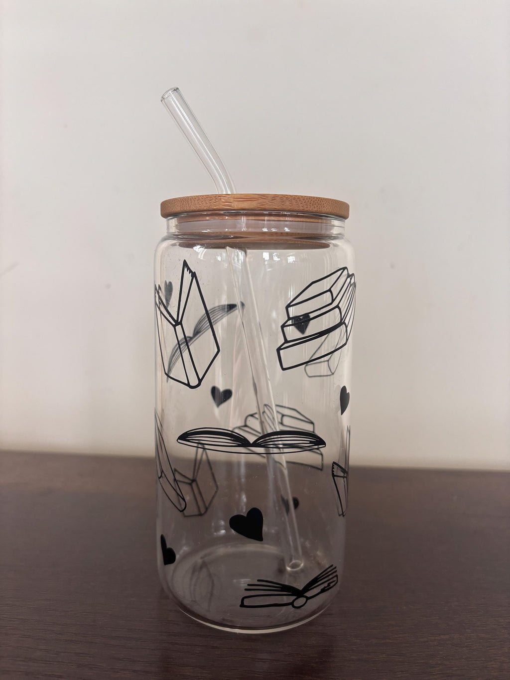 Books & Hearts 16oz Glass or Plastic Tumbler with Lid and Straw – Reader Gift