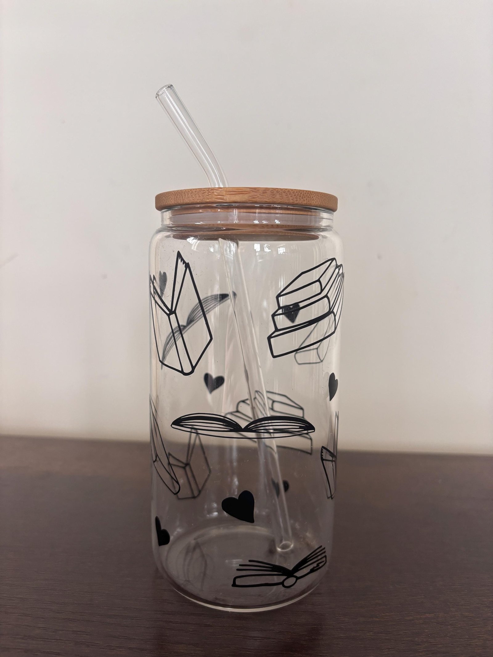 Books & Hearts 16oz Glass or Plastic Tumbler with Lid and Straw – Reader Gift